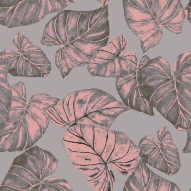 Soyut dekoratif, dikişsiz, suluboya tropikal yapraklı desen. Avuç içi. Renkli el çizimi çizimi. Eski egzotik arkaplan.