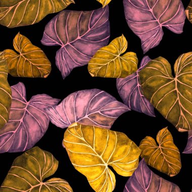 Soyut dekoratif, dikişsiz, suluboya tropikal yapraklı desen. Avuç içi. Renkli el çizimi çizimi. Eski egzotik arkaplan.