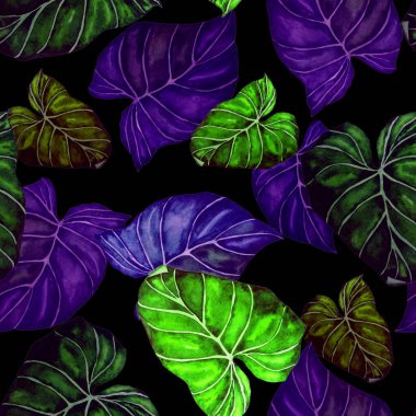 Soyut dekoratif, dikişsiz, suluboya tropikal yapraklı desen. Avuç içi. Renkli el çizimi çizimi. Eski egzotik arkaplan.