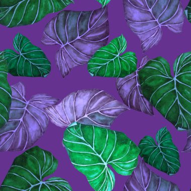 Soyut dekoratif, dikişsiz, suluboya tropikal yapraklı desen. Avuç içi. Renkli el çizimi çizimi. Eski egzotik arkaplan.