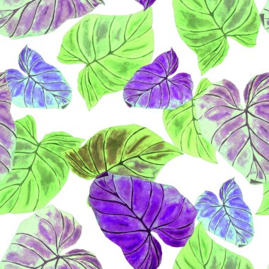 Soyut dekoratif, dikişsiz, suluboya tropikal yapraklı desen. Avuç içi. Renkli el çizimi çizimi. Eski egzotik arkaplan.