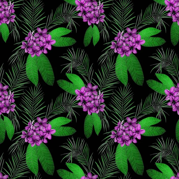 Süslü, dikişsiz ve suluboya tropikal çiçekli bir baba. Plumeria 'da. Renkli yaz doğa arka planı.