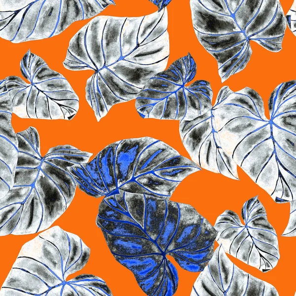 Abstract decorative seamless pattern with watercolor tropical leaves. Palm. Colorful hand drawn illustration. Vintage exotic background.