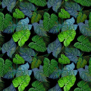 Soyut dekoratif, dikişsiz, suluboya tropikal yapraklı desen. Renkli el çizimi çizimi. Eski egzotik arkaplan.