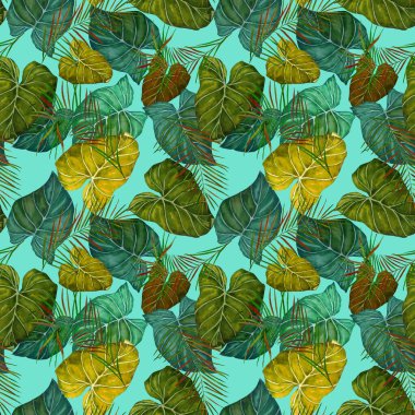 Soyut dekoratif, dikişsiz, suluboya tropikal yapraklı desen. Renkli el çizimi çizimi. Eski egzotik arkaplan.