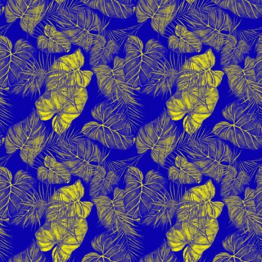 Soyut dekoratif, dikişsiz, suluboya tropikal yapraklı desen. Renkli el çizimi çizimi. Eski egzotik arkaplan.