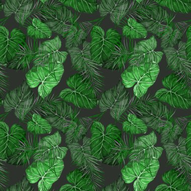 Soyut dekoratif, dikişsiz, suluboya tropikal yapraklı desen. Renkli el çizimi çizimi. Eski egzotik arkaplan.