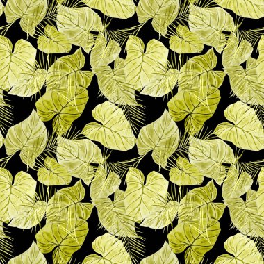 Soyut dekoratif, dikişsiz, suluboya tropikal yapraklı desen. Renkli el çizimi çizimi. Eski egzotik arkaplan.