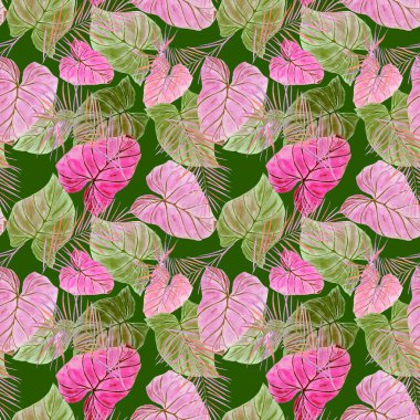 Soyut dekoratif, dikişsiz, suluboya tropikal yapraklı desen. Renkli el çizimi çizimi. Eski egzotik arkaplan.