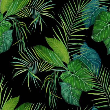 Soyut dekoratif, dikişsiz, suluboya tropikal yapraklı desen. Renkli el çizimi çizimi. Eski egzotik arkaplan.