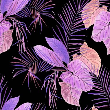 Soyut dekoratif, dikişsiz, suluboya tropikal yapraklı desen. Renkli el çizimi çizimi. Eski egzotik arkaplan.