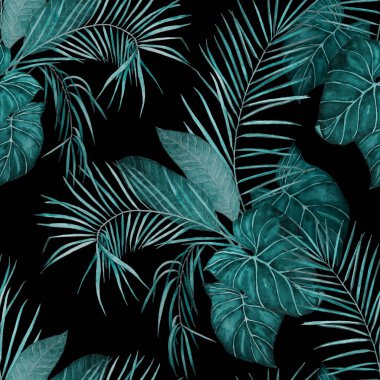 Soyut dekoratif, dikişsiz, suluboya tropikal yapraklı desen. Renkli el çizimi çizimi. Eski egzotik arkaplan.