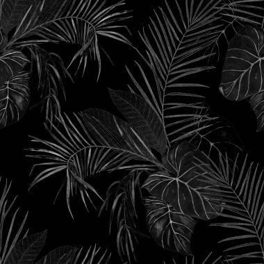 Soyut dekoratif, dikişsiz, suluboya tropikal yapraklı desen. Renkli el çizimi çizimi. Eski egzotik arkaplan.