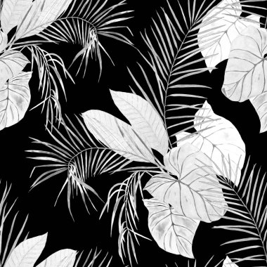 Soyut dekoratif, dikişsiz, suluboya tropikal yapraklı desen. Renkli el çizimi çizimi. Eski egzotik arkaplan.