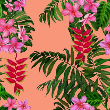 Soyut dekoratif, dikişsiz desenli, suluboya tropikal yapraklı ve çiçekli. Renkli el çizimi çizimi. Tropik yaz baskısı.