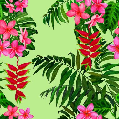 Soyut dekoratif, dikişsiz desenli, suluboya tropikal yapraklı ve çiçekli. Renkli el çizimi çizimi. Tropik yaz baskısı.
