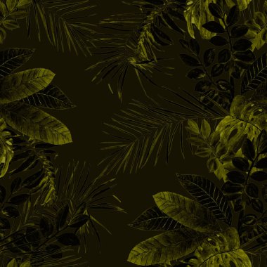 Soyut dekoratif, dikişsiz, suluboya tropikal yapraklı desen. Renkli el çizimi çizimi. Tropik yaz baskısı.