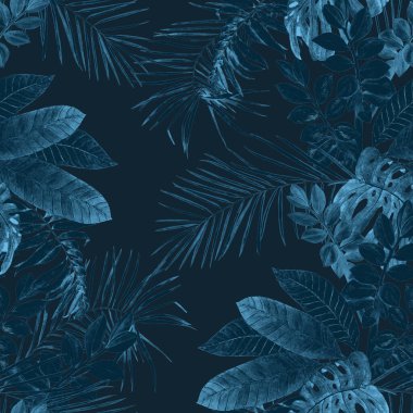 Soyut dekoratif, dikişsiz, suluboya tropikal yapraklı desen. Renkli el çizimi çizimi. Tropik yaz baskısı.
