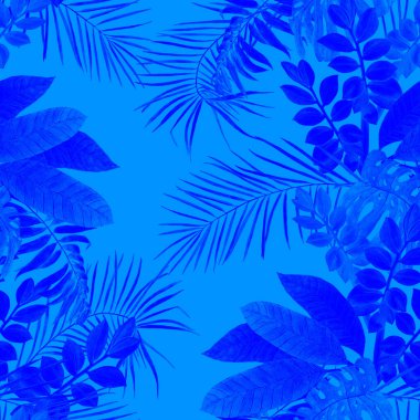 Soyut dekoratif, dikişsiz, suluboya tropikal yapraklı desen. Renkli el çizimi çizimi. Tropik yaz baskısı.