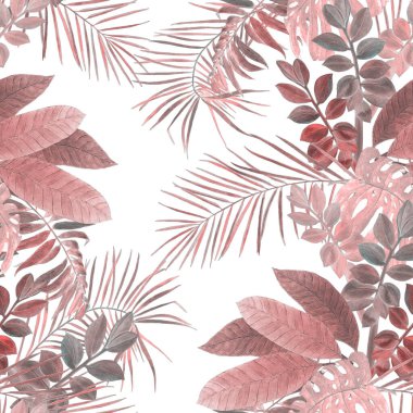 Soyut dekoratif, dikişsiz, suluboya tropikal yapraklı desen. Renkli el çizimi çizimi. Tropik yaz baskısı.