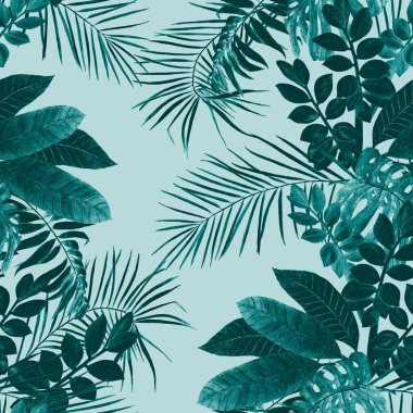 Soyut dekoratif, dikişsiz, suluboya tropikal yapraklı desen. Renkli el çizimi çizimi. Tropik yaz baskısı.