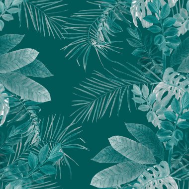 Soyut dekoratif, dikişsiz, suluboya tropikal yapraklı desen. Renkli el çizimi çizimi. Tropik yaz baskısı.