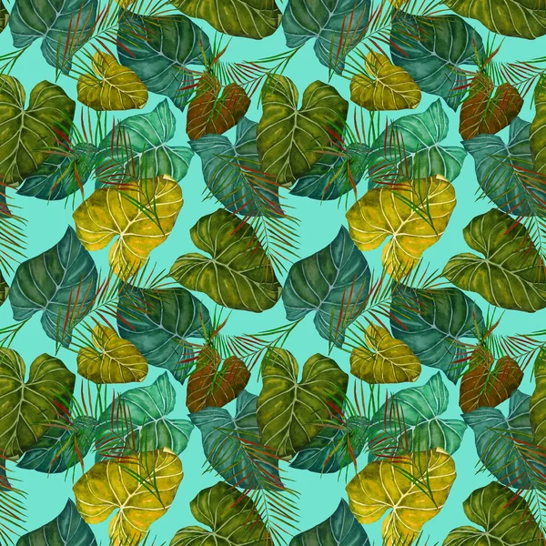 Abstract decorative seamless pattern with watercolor tropical leaves. Colorful hand drawn illustration. Vintage exotic background.