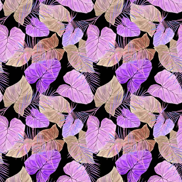 Abstract decorative seamless pattern with watercolor tropical leaves. Colorful hand drawn illustration. Vintage exotic background.