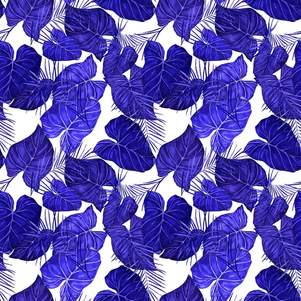 Abstract decorative seamless pattern with watercolor tropical leaves. Colorful hand drawn illustration. Vintage exotic background.