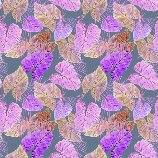 Abstract decorative seamless pattern with watercolor tropical leaves. Colorful hand drawn illustration. Vintage exotic background.