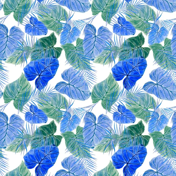 Abstract decorative seamless pattern with watercolor tropical leaves. Colorful hand drawn illustration. Vintage exotic background.