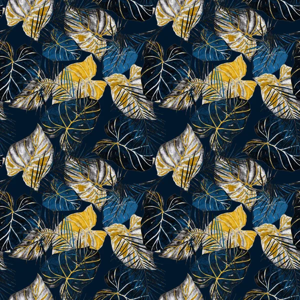 Abstract decorative seamless pattern with watercolor tropical leaves. Colorful hand drawn illustration. Vintage exotic background.