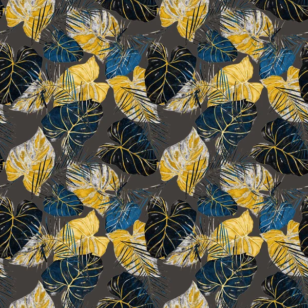 Abstract decorative seamless pattern with watercolor tropical leaves. Colorful hand drawn illustration. Vintage exotic background.