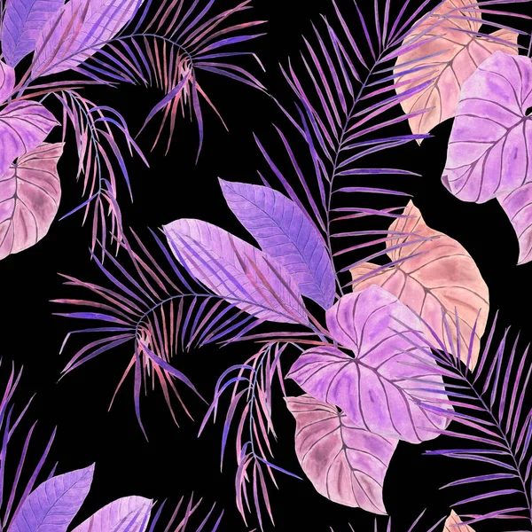 Soyut dekoratif, dikişsiz, suluboya tropikal yapraklı desen. Renkli el çizimi çizimi. Eski egzotik arkaplan.