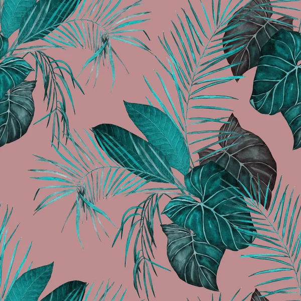 Abstraktes Dekoratives Nahtloses Muster Mit Tropischen Blättern Aquarell Bunte Handgezeichnete — Stockfoto
