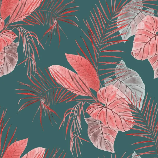 抽象的な装飾的なシームレスなパターン水彩熱帯の葉 カラフルな手描きイラスト ヴィンテージエキゾチックな背景 — ストック写真