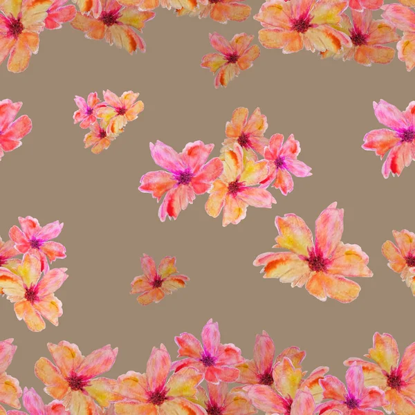 水彩熱帯の花と装飾的な花のシームレスなパターン プルメリア カラフルな夏の自然背景 — ストック写真