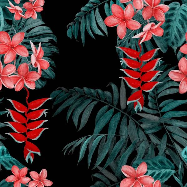 摘要水彩斑斓的热带叶和花装饰无缝图案 色彩艳丽的手绘插图 热带夏季印刷品 — 图库照片