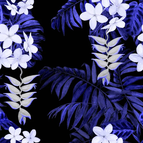 Streszczenie Dekoracyjny Bezszwowy Wzór Akwarelą Tropikalnych Liści Kwiatów Kolorowe Ręcznie — Zdjęcie stockowe