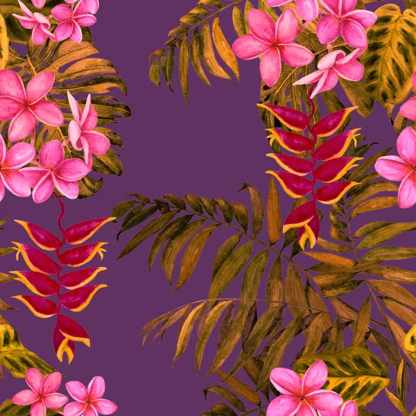 摘要水彩斑斓的热带叶和花装饰无缝图案 色彩艳丽的手绘插图 热带夏季印刷品 — 图库照片