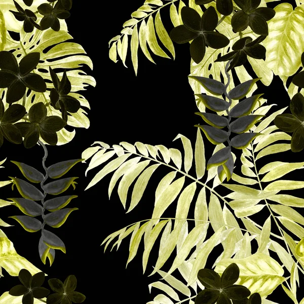 抽象的な装飾的なシームレスなパターンと水彩熱帯の葉や花 カラフルな手描きイラスト 熱帯夏 Print — ストック写真