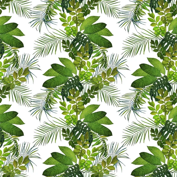 Soyut dekoratif, dikişsiz, suluboya tropikal yapraklı desen. Renkli el çizimi çizimi. Tropik yaz baskısı.