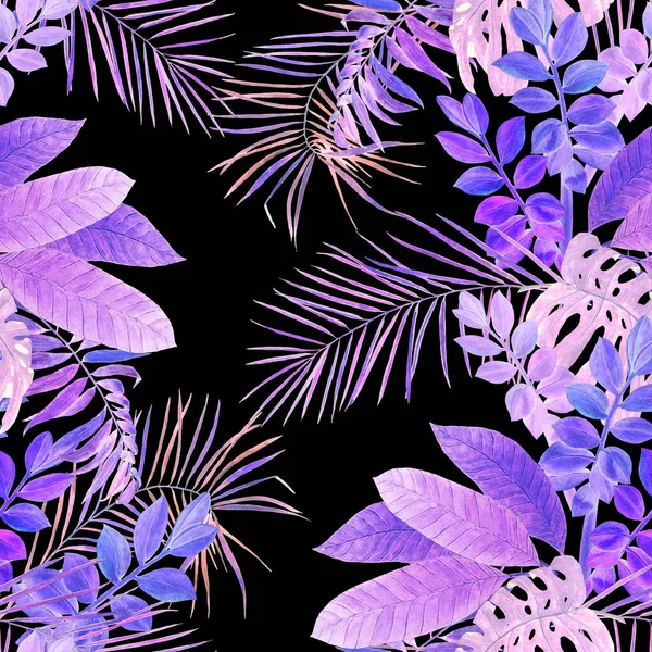 水彩斑斓的热带树叶装饰无缝图案 色彩艳丽的手绘插图 热带夏季印刷品 — 图库照片