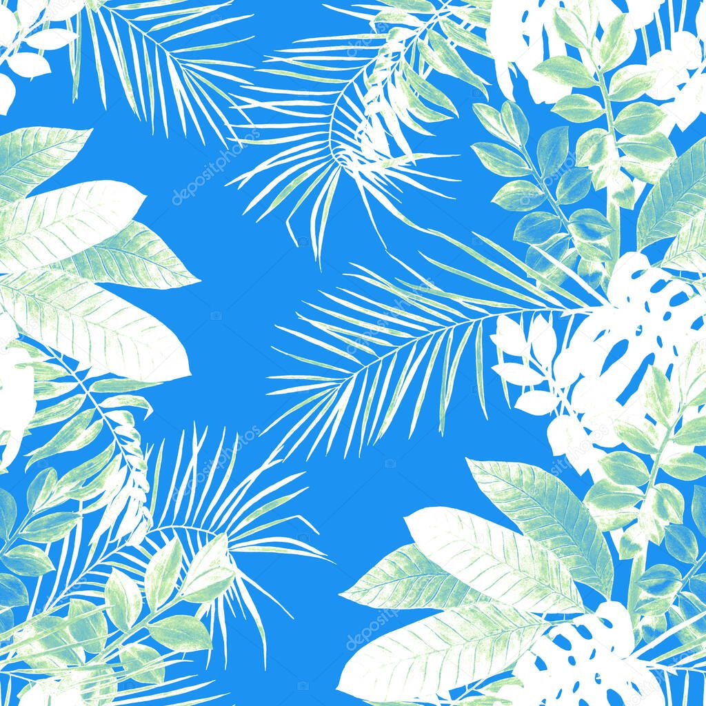 Abstract decorative seamless pattern with watercolor tropical leaves. Colorful hand drawn illustration. Tropical summer print.