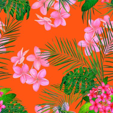 Süslü, dikişsiz ve suluboya tropikal çiçekli bir baba. Plumeria 'da. Renkli yaz doğa arka planı.