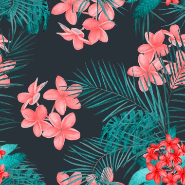 Süslü, dikişsiz ve suluboya tropikal çiçekli bir baba. Plumeria 'da. Renkli yaz doğa arka planı.