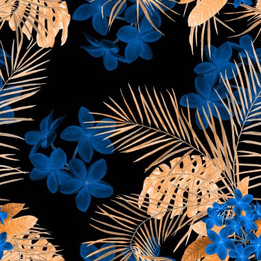 Süslü, dikişsiz ve suluboya tropikal çiçekli bir baba. Plumeria 'da. Renkli yaz doğa arka planı.