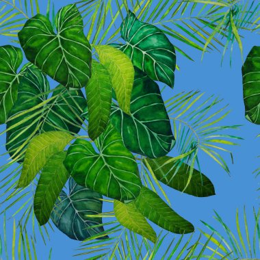 Soyut dekoratif, dikişsiz, suluboya tropikal yapraklı desen. Renkli el çizimi çizimi. Antika egzotik baskı.