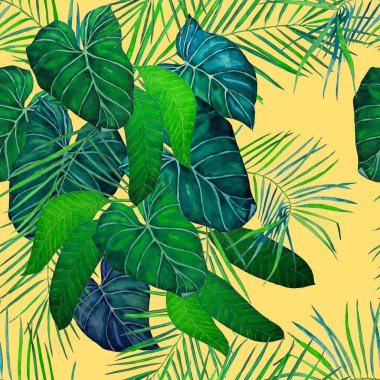Soyut dekoratif, dikişsiz, suluboya tropikal yapraklı desen. Renkli el çizimi çizimi. Antika egzotik baskı.