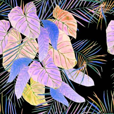 Soyut dekoratif, dikişsiz, suluboya tropikal yapraklı desen. Renkli el çizimi çizimi. Antika egzotik baskı.